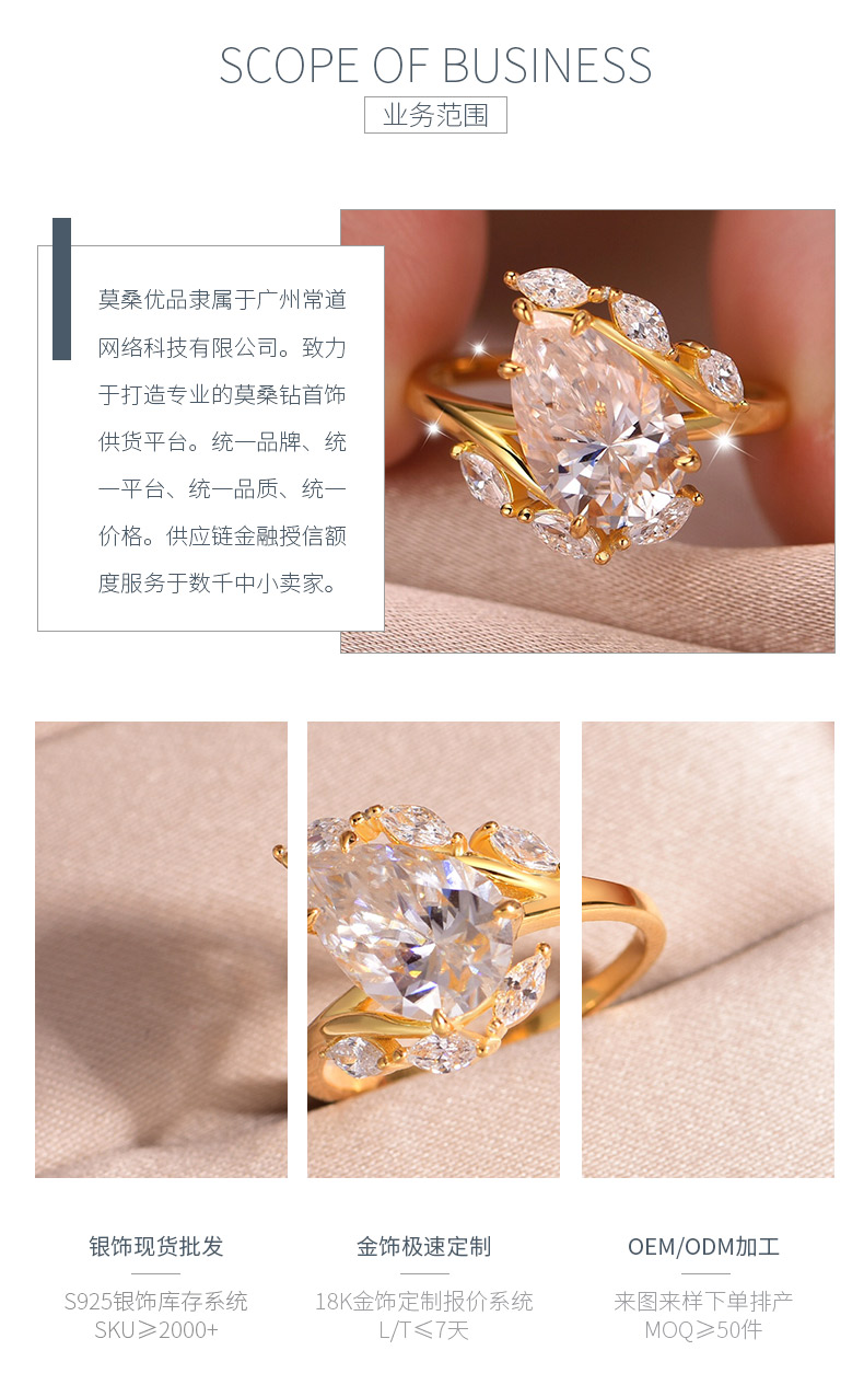 MR0145款S25银镀18K黄金奢华水滴形莫桑钻女戒主石4.0ct/12*8mm - 3