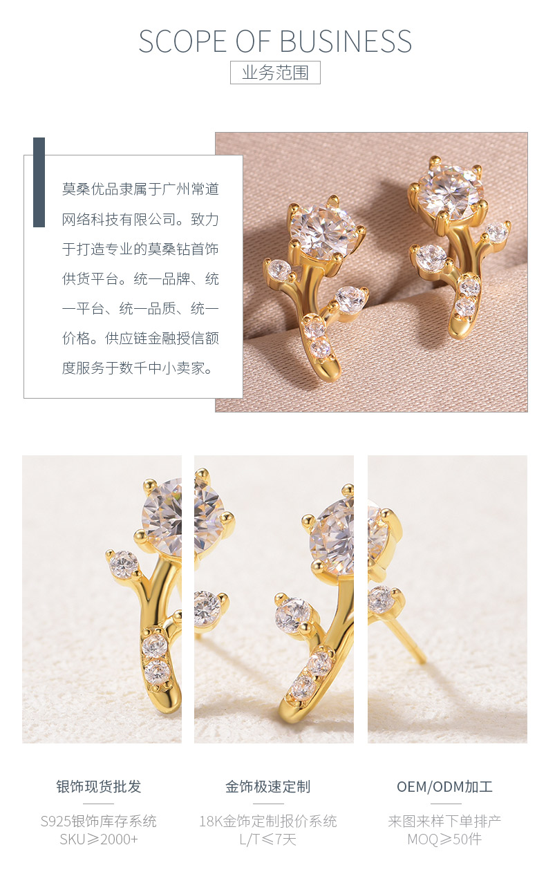 ME0027款S25银镀18K黄金莫桑钻小花耳钉1.0ct - 3