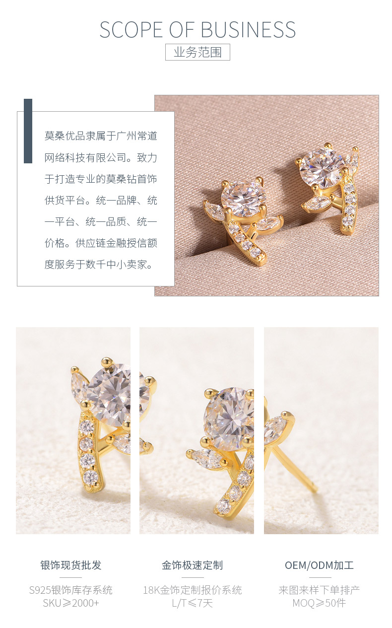 ME0026款S25银镀18K黄金莫桑钻小花耳钉1.0ct - 3
