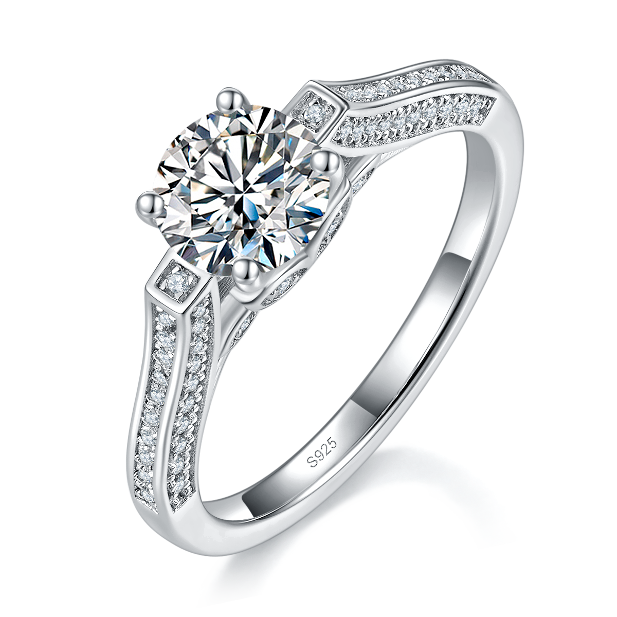 Single Head Women's Ring S925 Silver Plated Platinum Customized Selection Main Stone Moissanite Diamond 1.0ct/Secondary Stone High Carbon Diamond