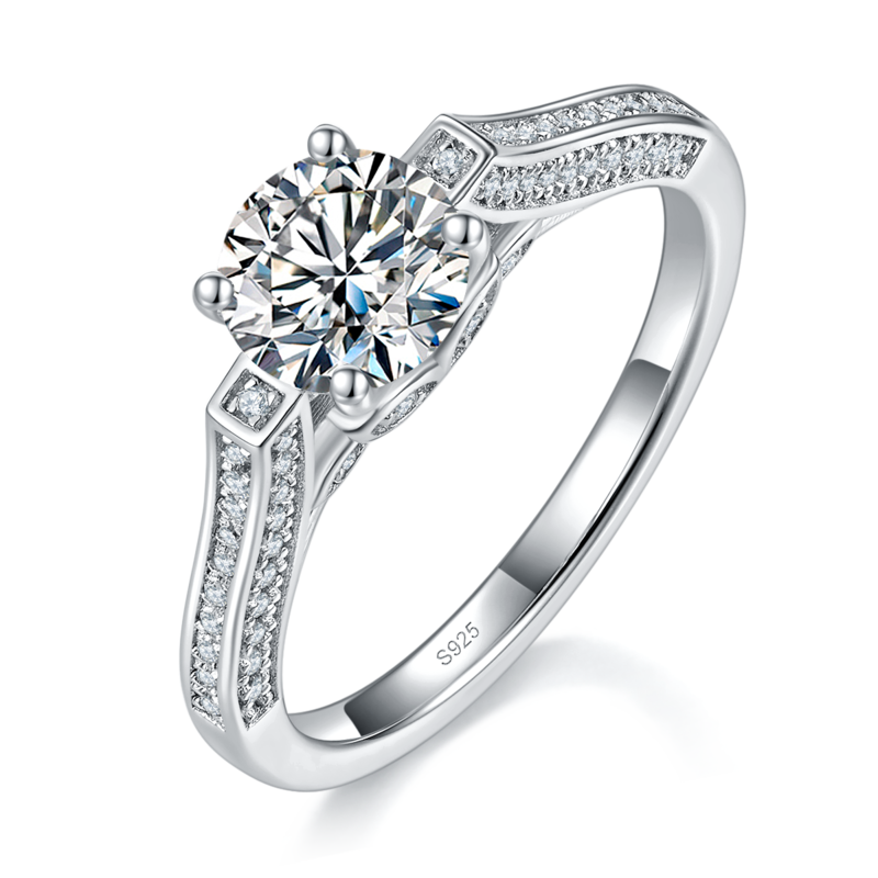 单头Women's RingS925银镀白金定制选款主石Moissanite1.0ct/副石高碳钻