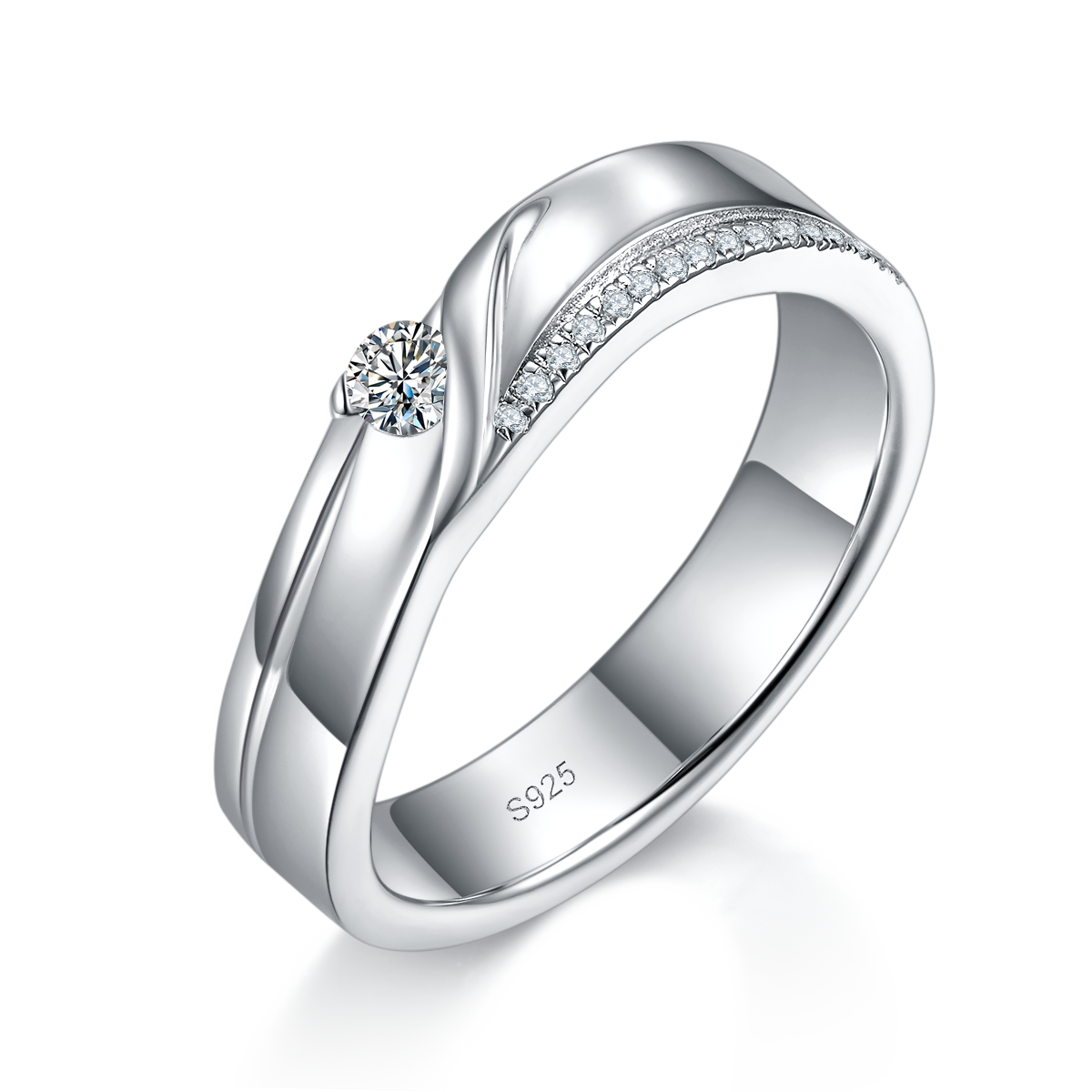情侣对戒S925银镀白金定制选款莫桑钻0.28ct