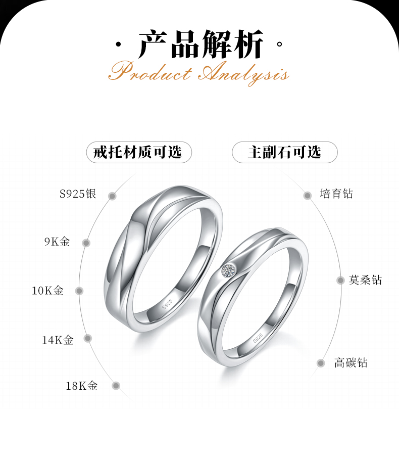 情侣对戒S925银镀白金定制选款莫桑钻0.02ct - 2