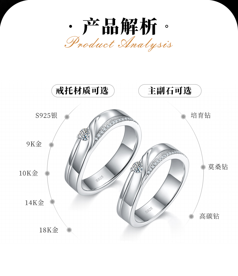 情侣对戒S925银镀白金定制选款莫桑钻0.28ct - 2