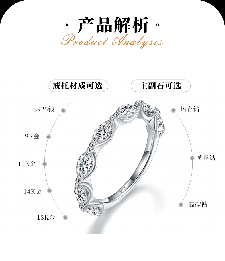 女戒S925银镀白金定制选款副石莫桑钻2.1ct - 2