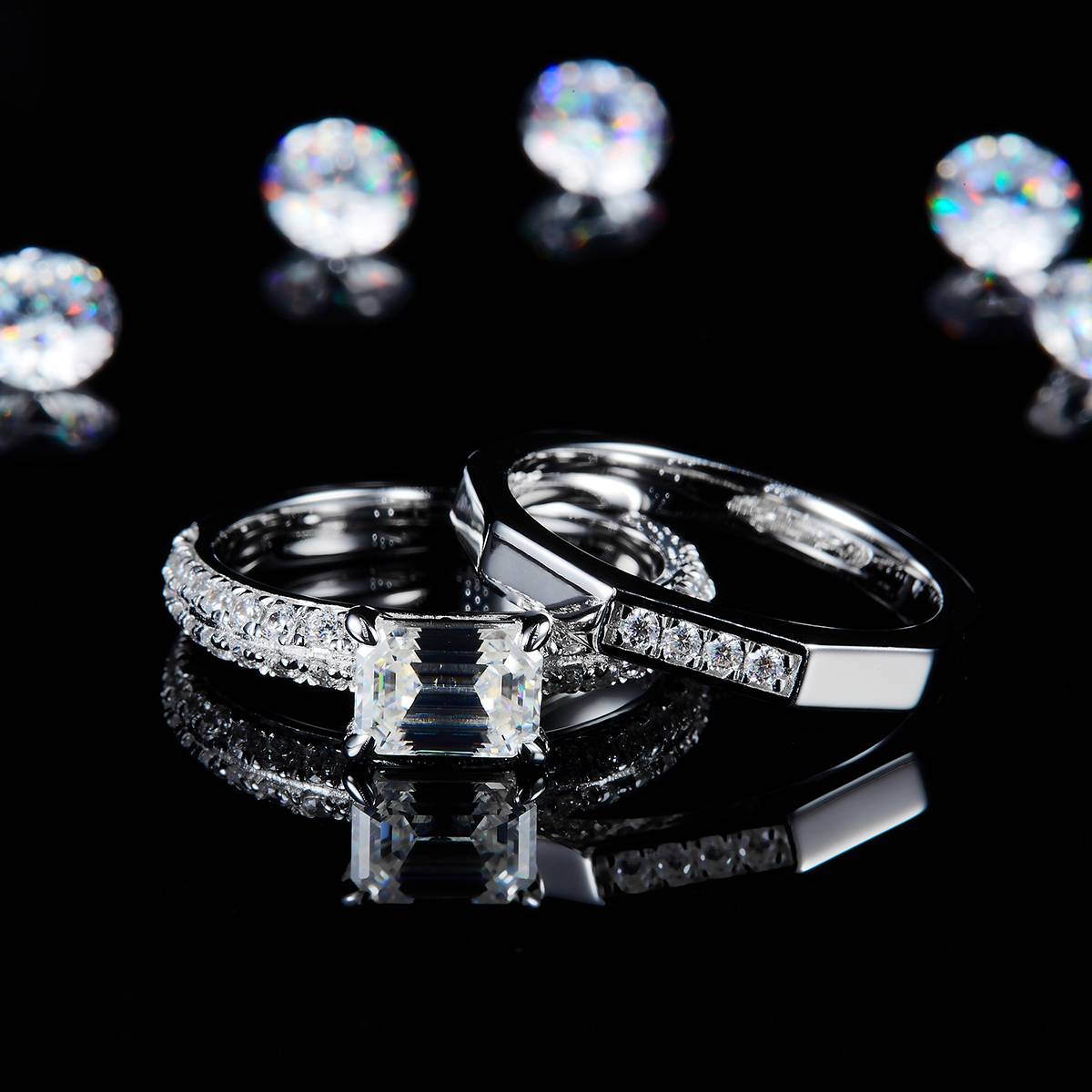 主副套戒S925银镀白金定制选款主石莫桑钻1.0ct/副石高碳钻