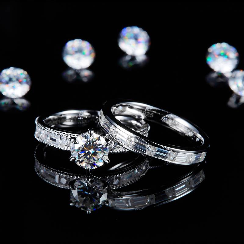 主副套戒S925银镀白金定制选款主石Moissanite1.0ct/副石高碳钻