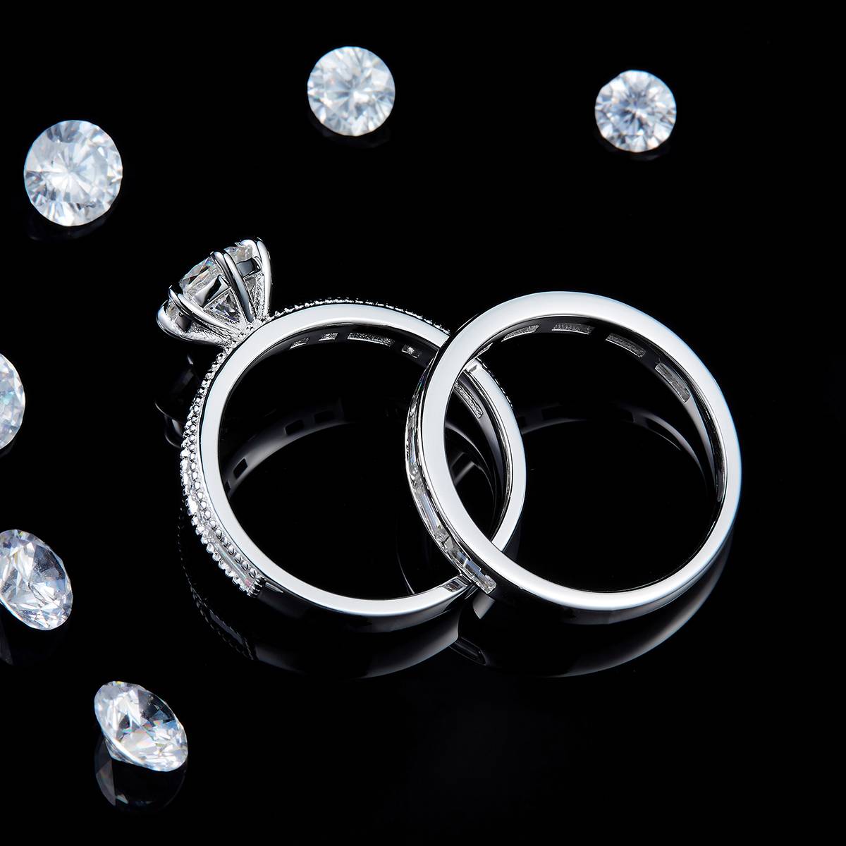 Primary and secondary ring S925 silver plated platinum customized selection Main stone Moissanite 1.0ct/Side Stone Cubic Zirconia