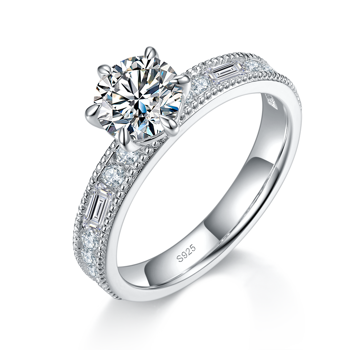 Primary and secondary ring S925 silver plated platinum customized selection Main stone Moissanite 1.0ct/Side Stone Cubic Zirconia