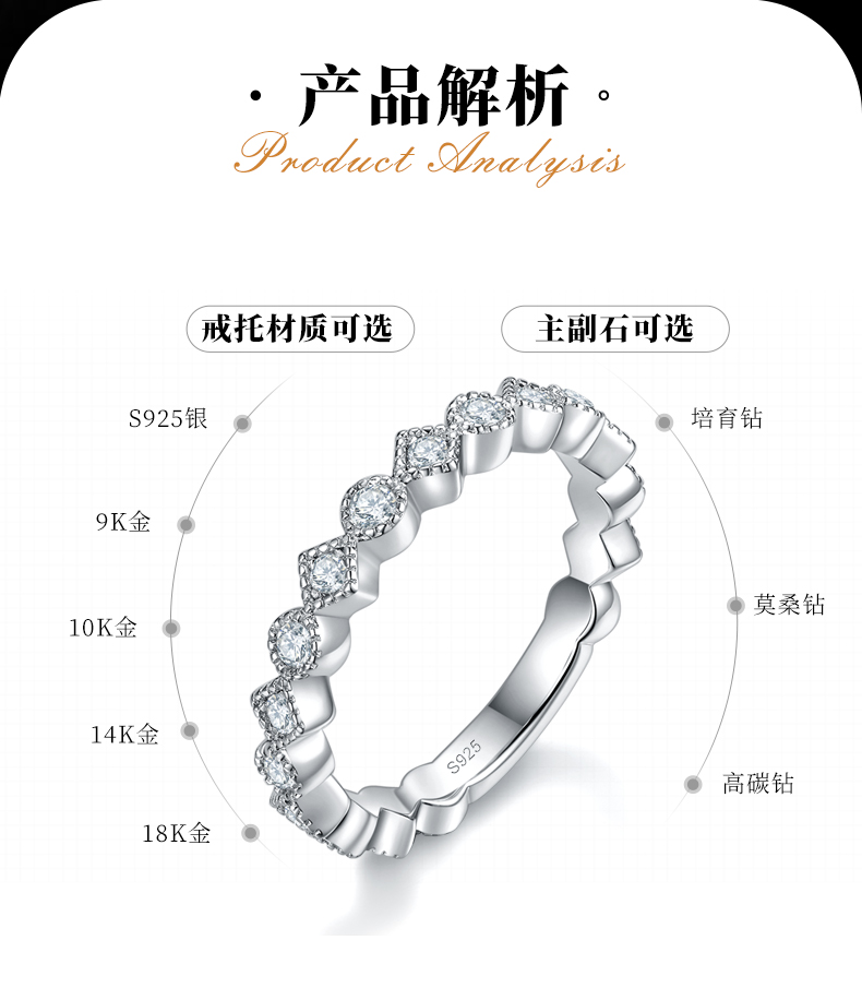 精致小排戒S925银镀白金定制选款莫桑钻0.43ct - 2