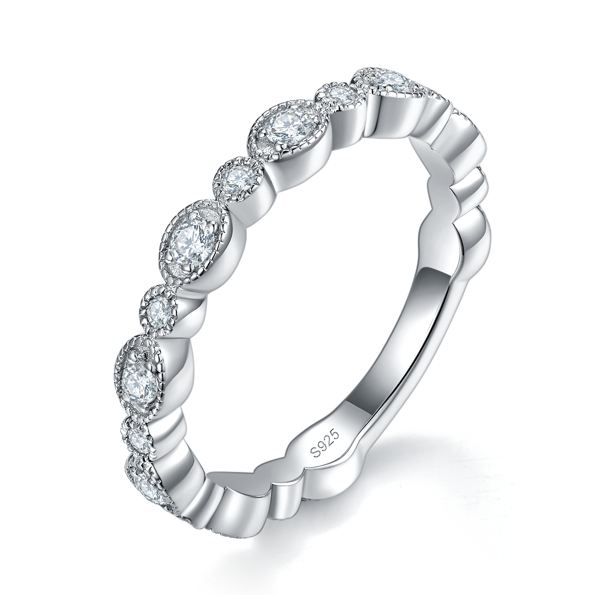 珠边满钻排戒S925银镀白金定制选款莫桑钻0.39ct