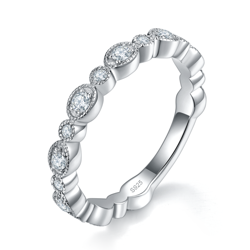 珠边满钻排戒S925银镀白金定制选款莫桑钻0.39ct