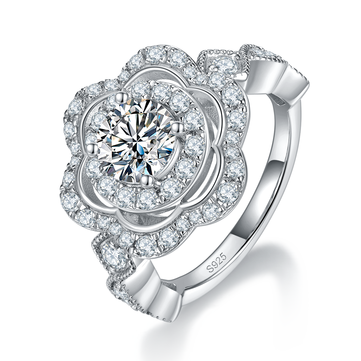 Deluxe Flower Women's Ring S925 Silver Plated Platinum Customized Selection Moissanite 1.0ct