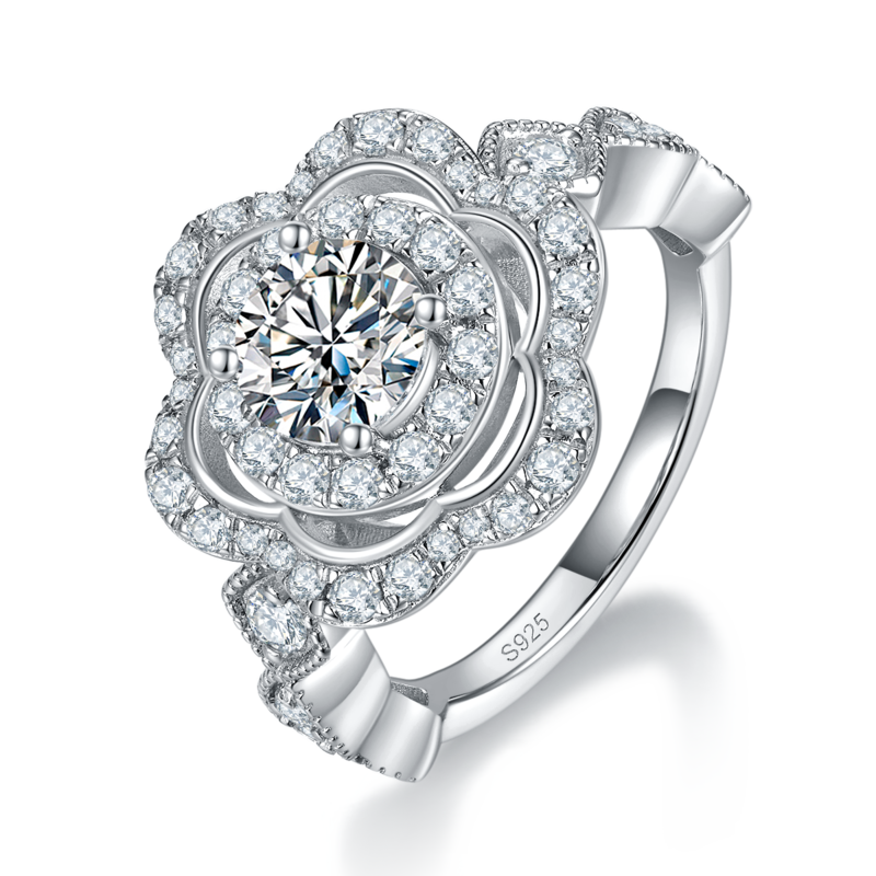 豪华花朵女戒S925银镀白金定制选款莫桑钻1.0ct