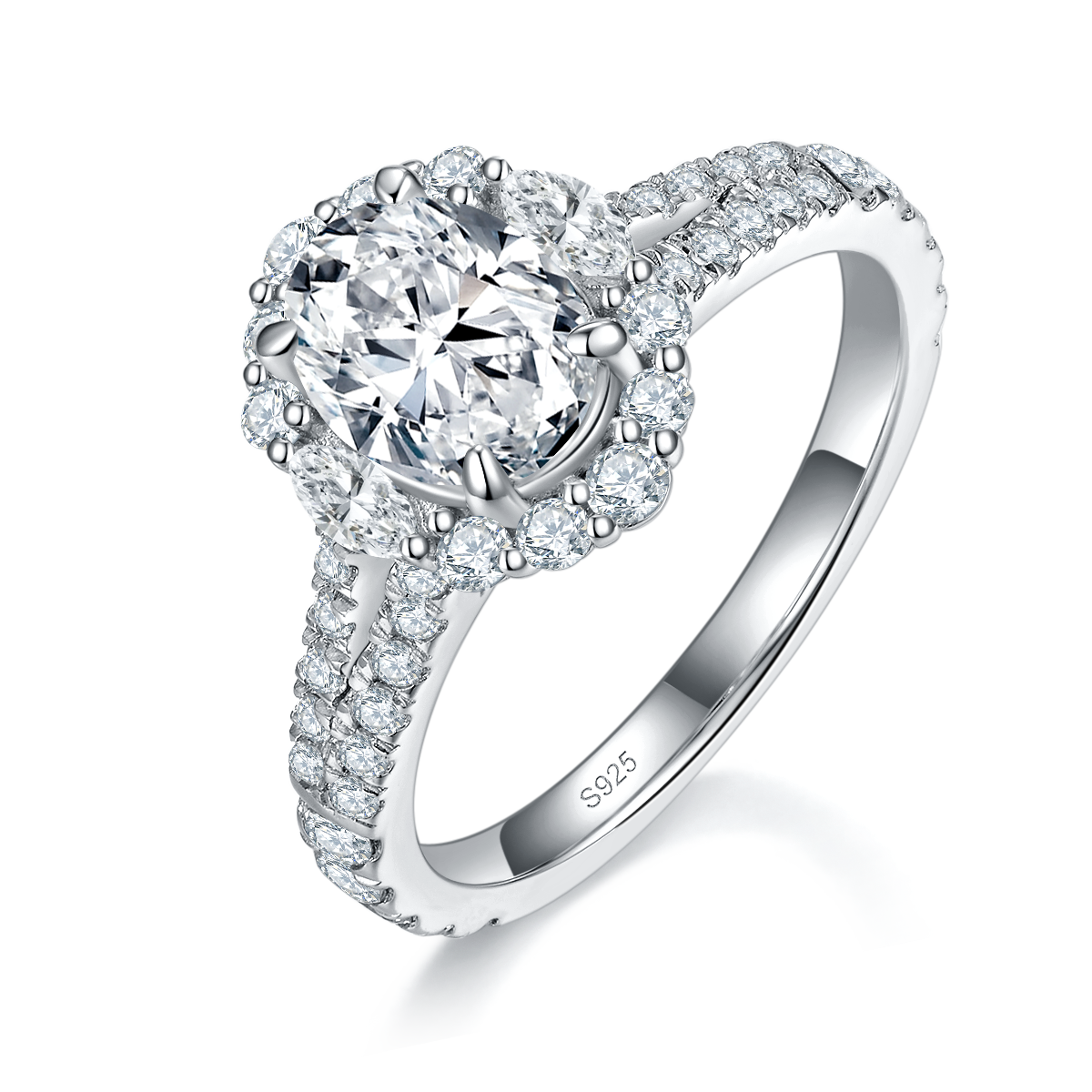 Oval Women's Ring S925 Silver Plated Platinum Customized Selection Main Stone Moissanite 1.5ct/Side Stone Cubic Zirconia