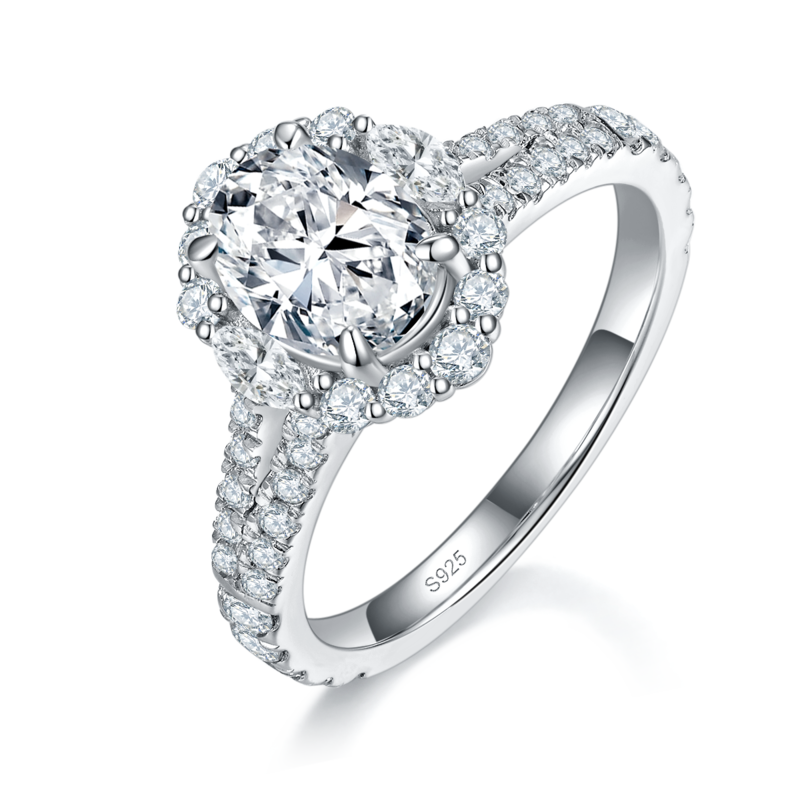蛋形Women's RingS925银镀白金定制选款主石Moissanite1.5ct/副石高碳钻