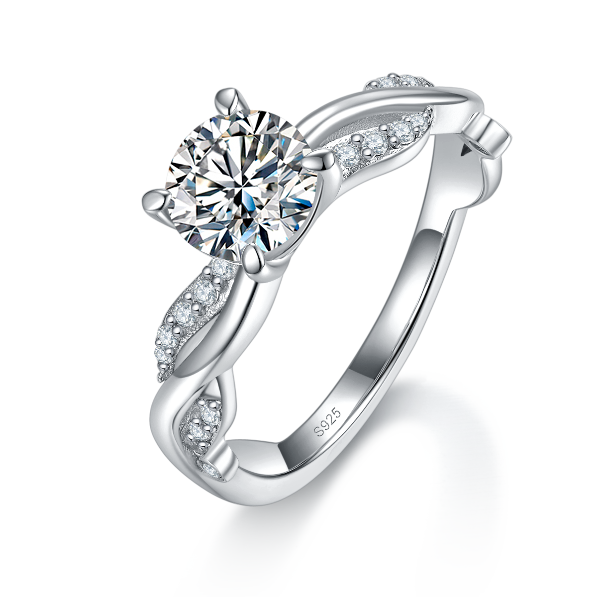 Twisted arm four claw women's ring S925 silver plated platinum customized main stone Moissanite 1.0ct/Side Stone Cubic Zirconia
