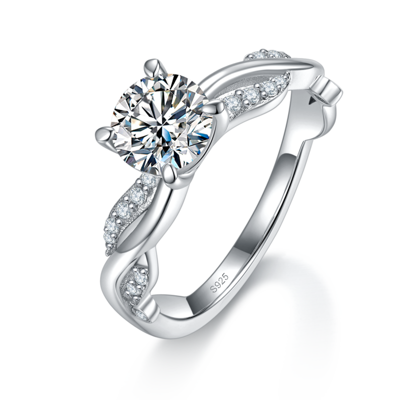 扭臂四爪Women's RingS925银镀白金定制款主石Moissanite1.0ct/副石高碳钻