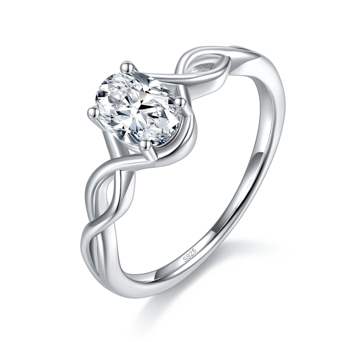 简约蛋形女戒S925银镀白金定制选款主石莫桑钻1.0ct/副石高碳钻