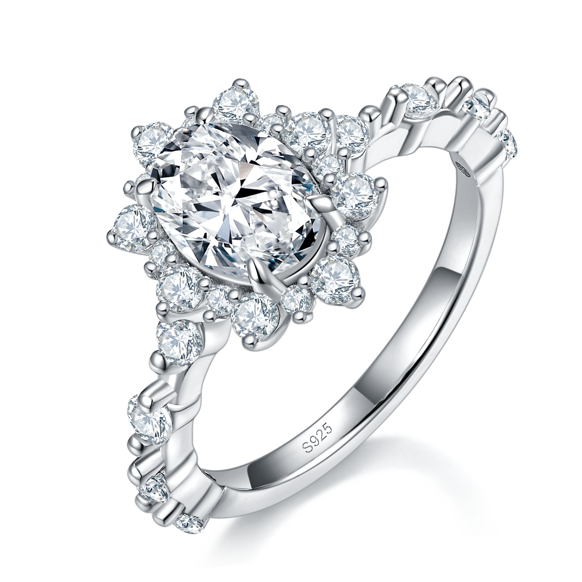 蛋形太阳花女戒S925银镀白金定制选款主石莫桑钻1.5ct/副石高碳钻