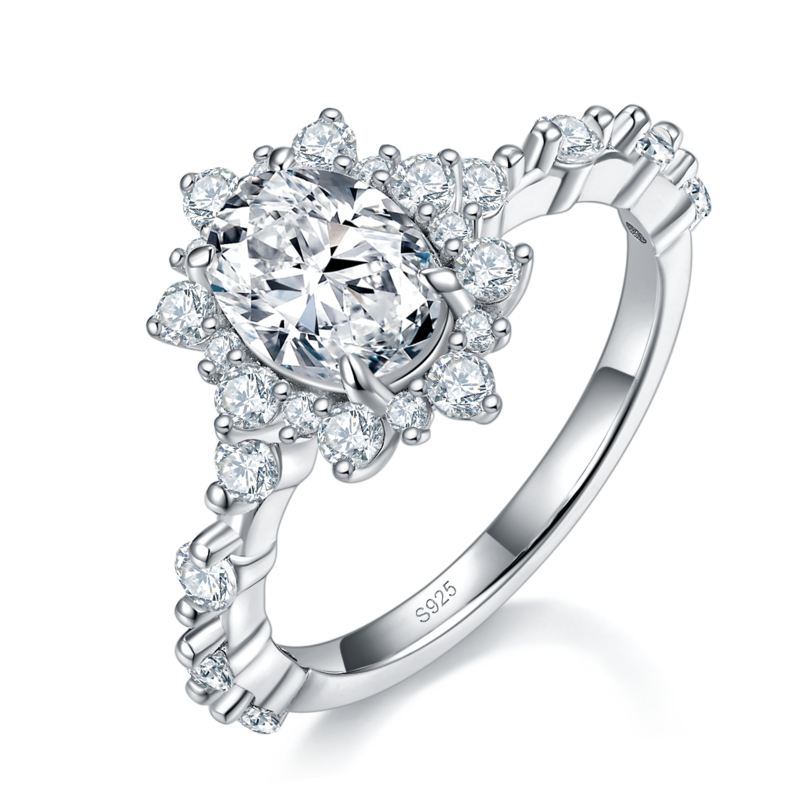 蛋形太阳花女戒S925银镀白金定制选款主石莫桑钻1.5ct/副石高碳钻