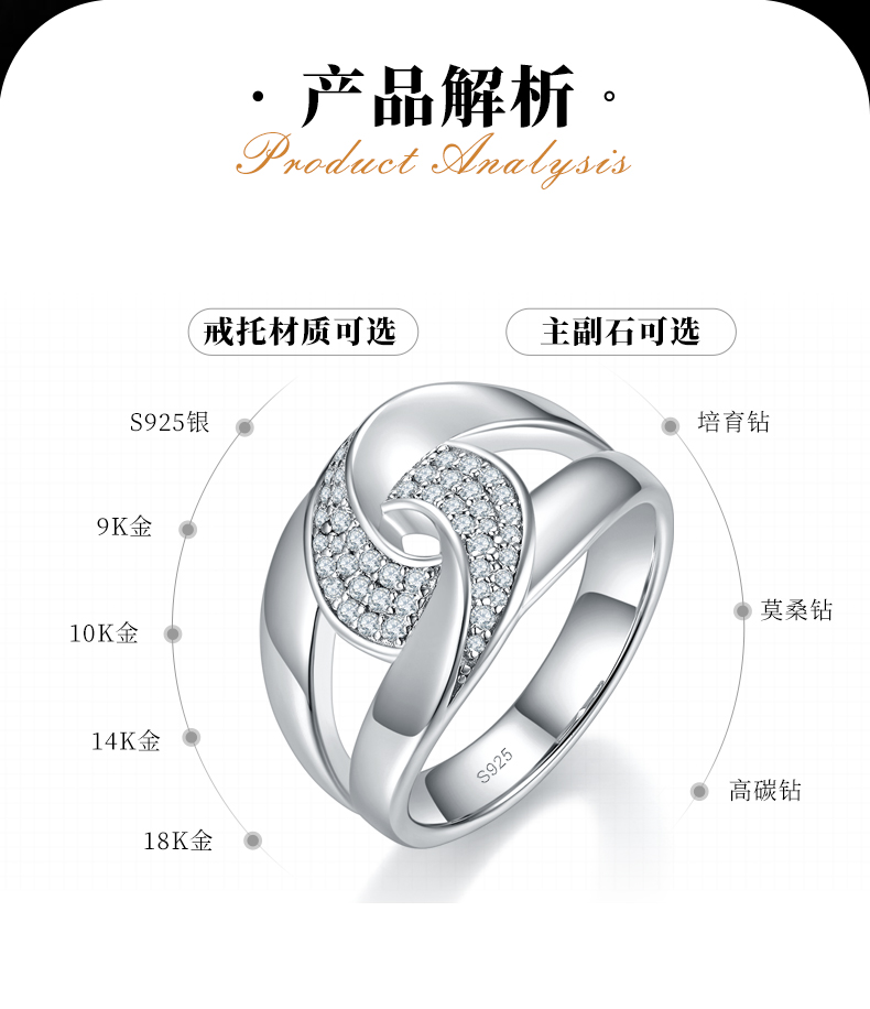 轻奢宽版排戒女戒S925银镀白金定制选款莫桑钻0.252ct - 2