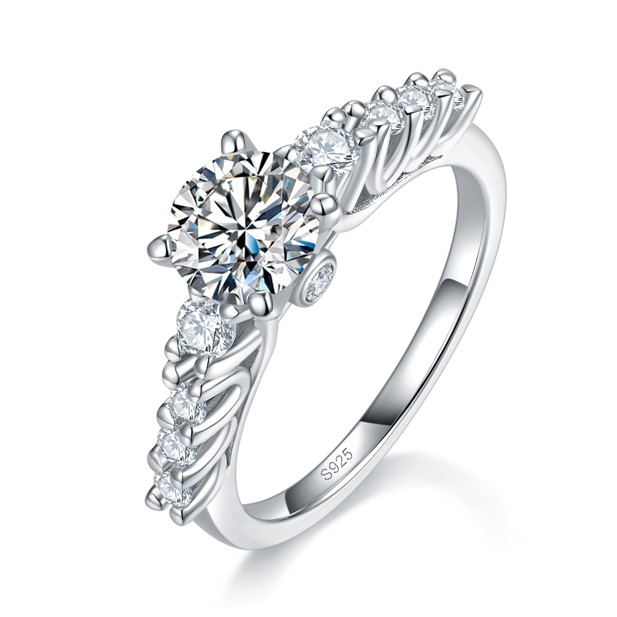 轻奢满钻四爪女戒S925银镀白金定制选款主石莫桑钻1.0ct/副石高碳钻