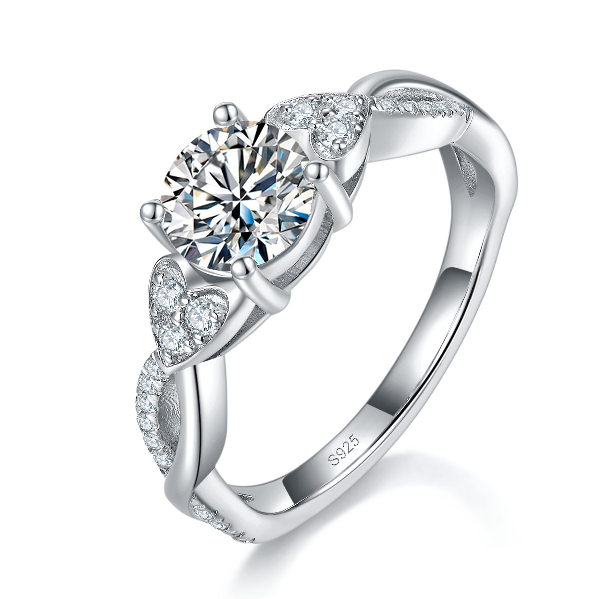 Twisted Arm Four Claw Women's Ring S925 Silver Plated Platinum Customized Selection Main Stone Moissanite 1.0ct/Side Stone Cubic Zirconia