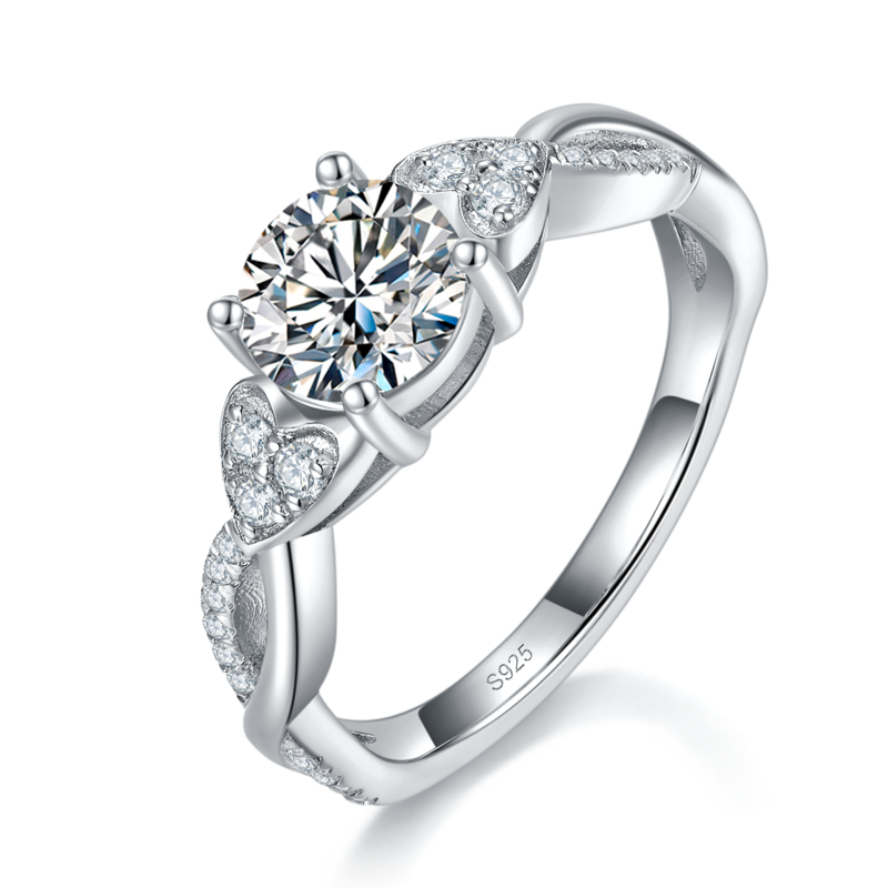 扭臂四爪Women's RingS925银镀白金定制选款主石Moissanite1.0ct/副石高碳钻