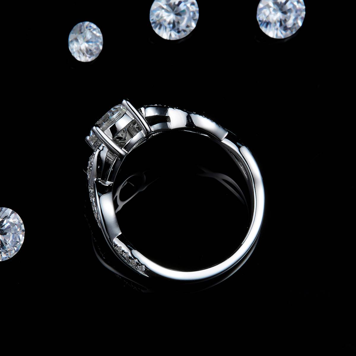 Twisted Arm Four Claw Women's Ring S925 Silver Plated Platinum Customized Selection Main Stone Moissanite 1.0ct/Side Stone Cubic Zirconia