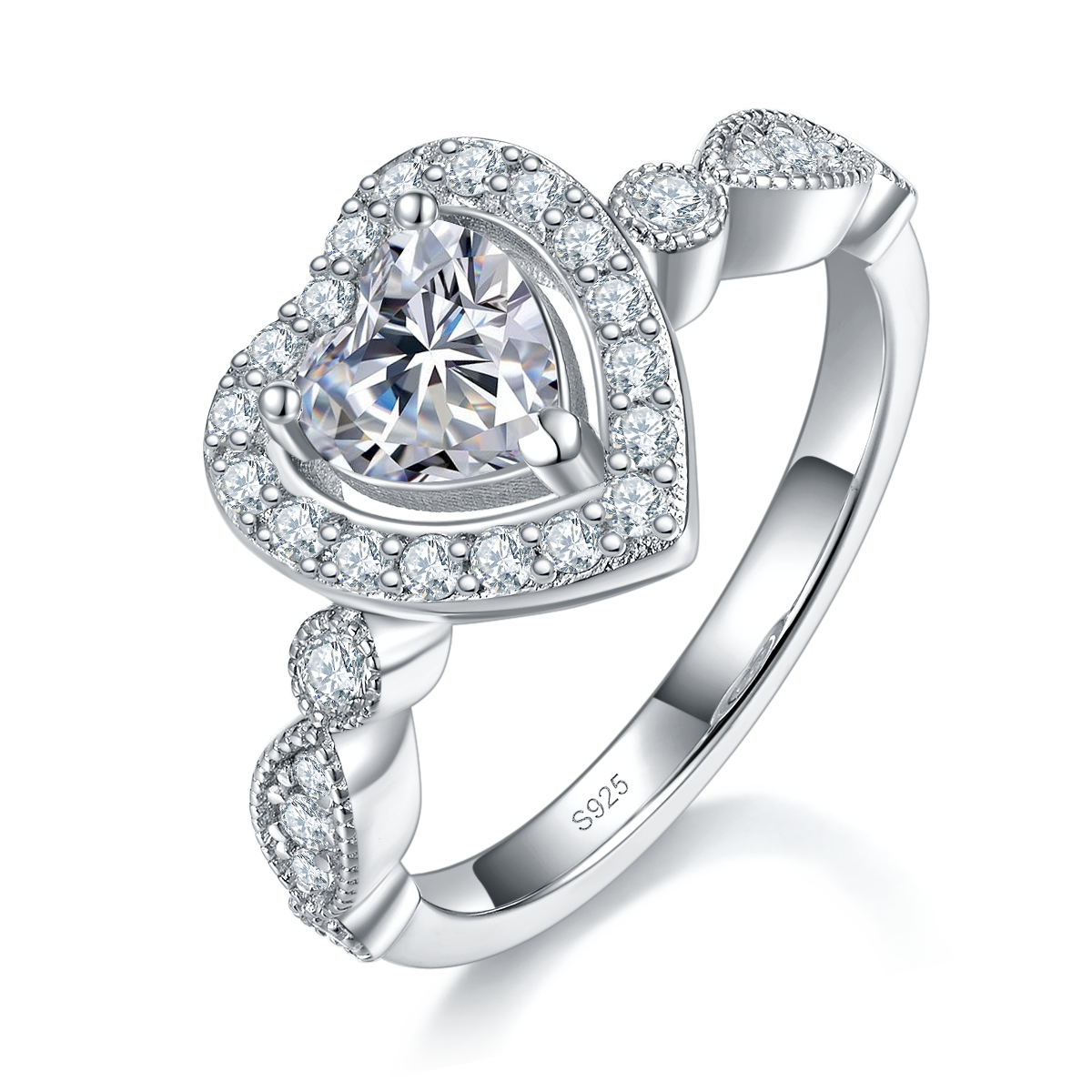 Heart Full Diamond Women's Ring S925 Silver Plated Platinum Customized Selection Main Stone Moissanite 80 Points/Side Stone Cubic Zirconia