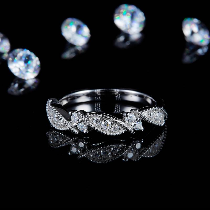 扭臂珠边排戒S925银镀白金定制选款Moissanite0.24ct