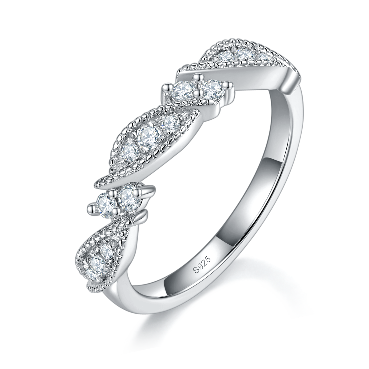 Twisted arm bead edge ring S925 silver plated platinum customized option Moissanite 0.24ct