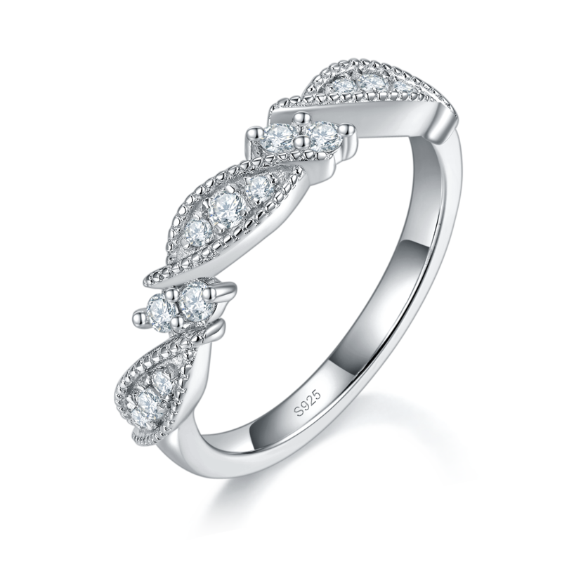 扭臂珠边排戒S925银镀白金定制选款Moissanite0.24ct