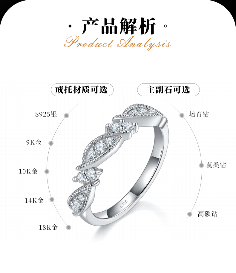 扭臂珠边排戒S925银镀白金定制选款莫桑钻0.24ct - 2