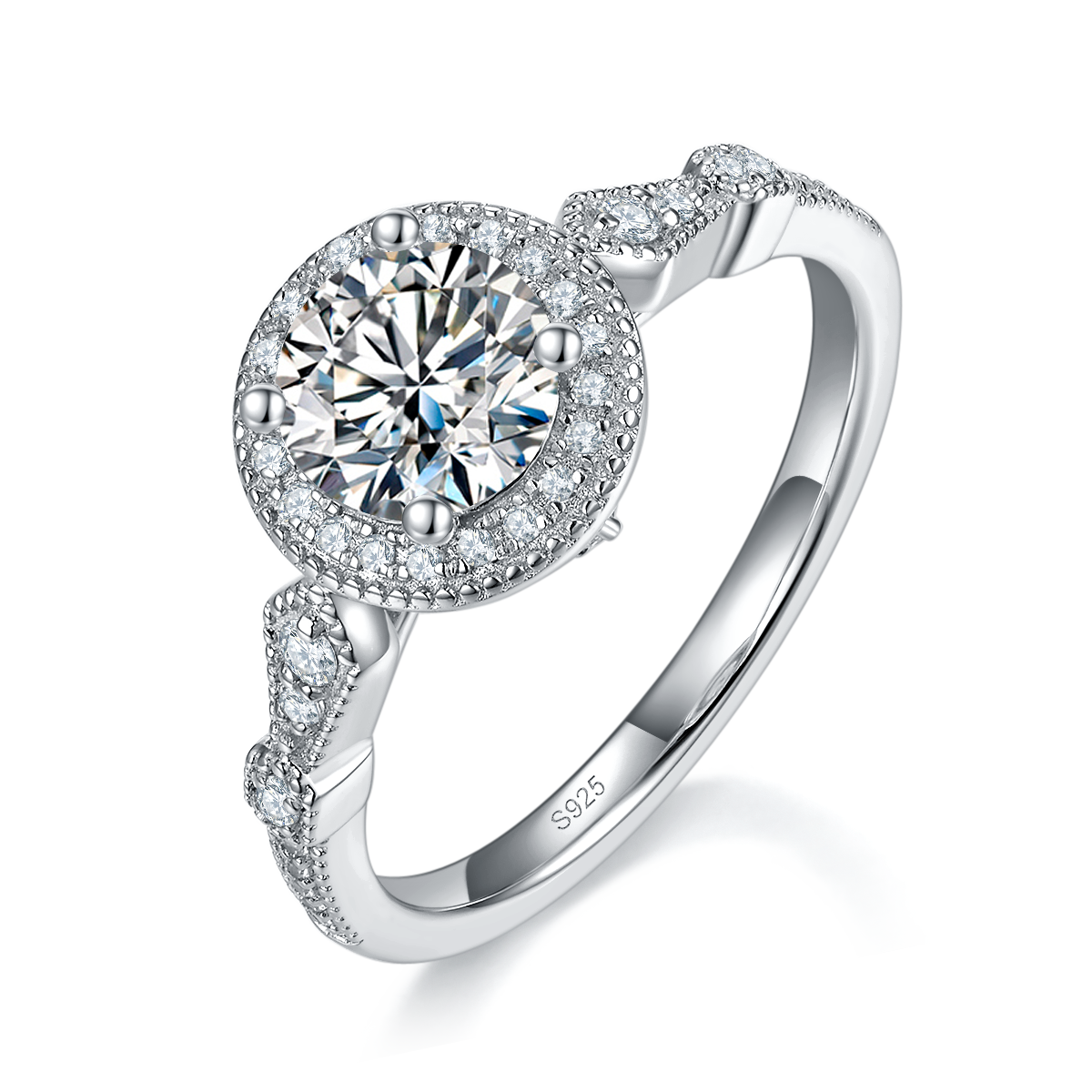 圆包珠边女戒S925银镀白金定制选款主石莫桑钻1.0ct/副石高碳钻