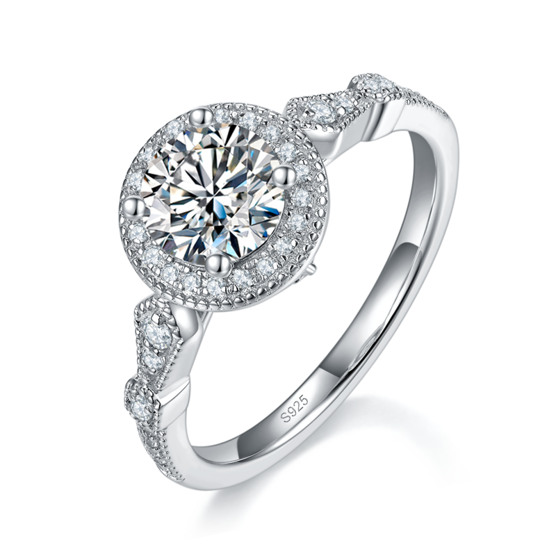 圆包珠边Women's RingS925银镀白金定制选款主石Moissanite1.0ct/副石高碳钻