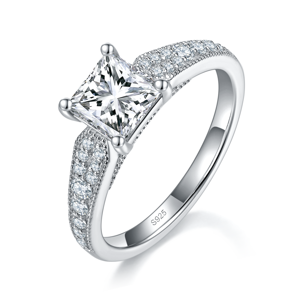 Light Luxury Princess Women's Ring S925 Silver Plated Platinum Customized Selection Main Stone Moissanite 1.2ct/Side Stone Cubic Zirconia