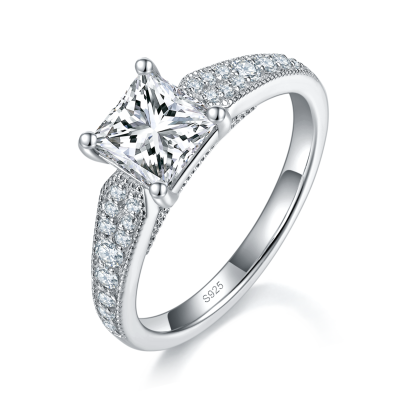 轻奢公主方女戒S925银镀白金定制选款主石莫桑钻1.2ct/副石高碳钻