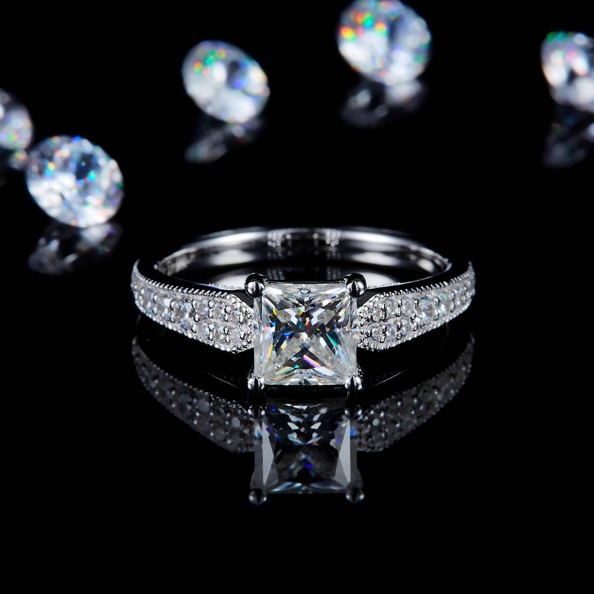 Light Luxury Princess Women's Ring S925 Silver Plated Platinum Customized Selection Main Stone Moissanite 1.2ct/Side Stone Cubic Zirconia
