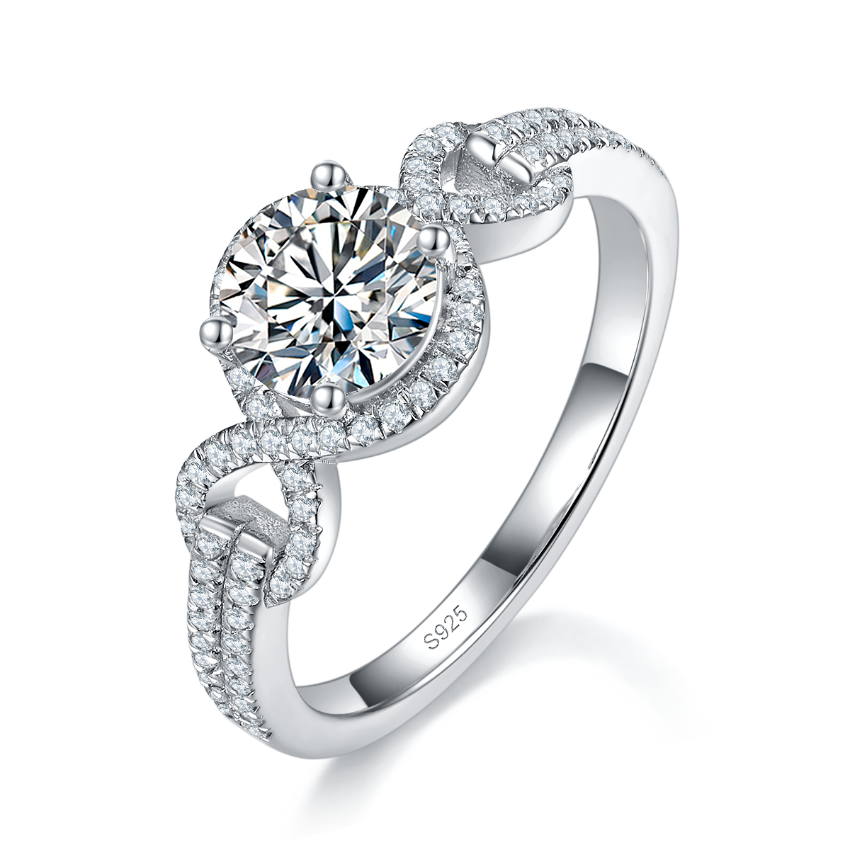 Light Luxury Twisted Arm Round Bag Women's Ring S925 Silver Plated Platinum Customized Selection Main Stone Moissanite 1.0ct/Side Stone Cubic Zirconia