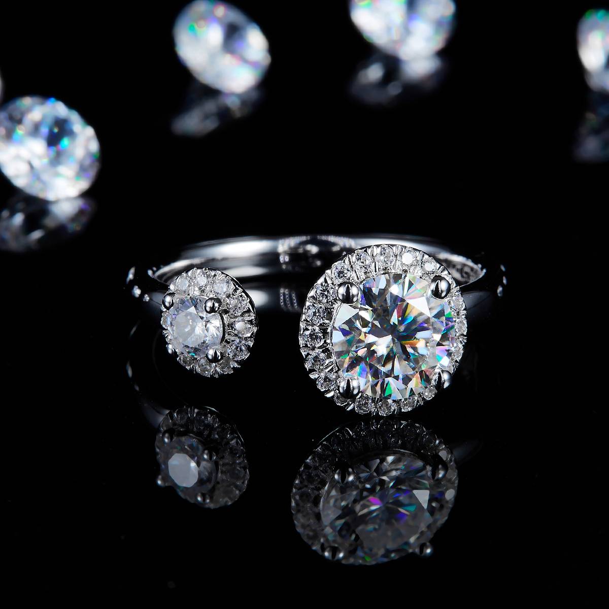 开口双圆包女戒S925银镀白金定制选款主石莫桑钻1.0ct/副石高碳钻