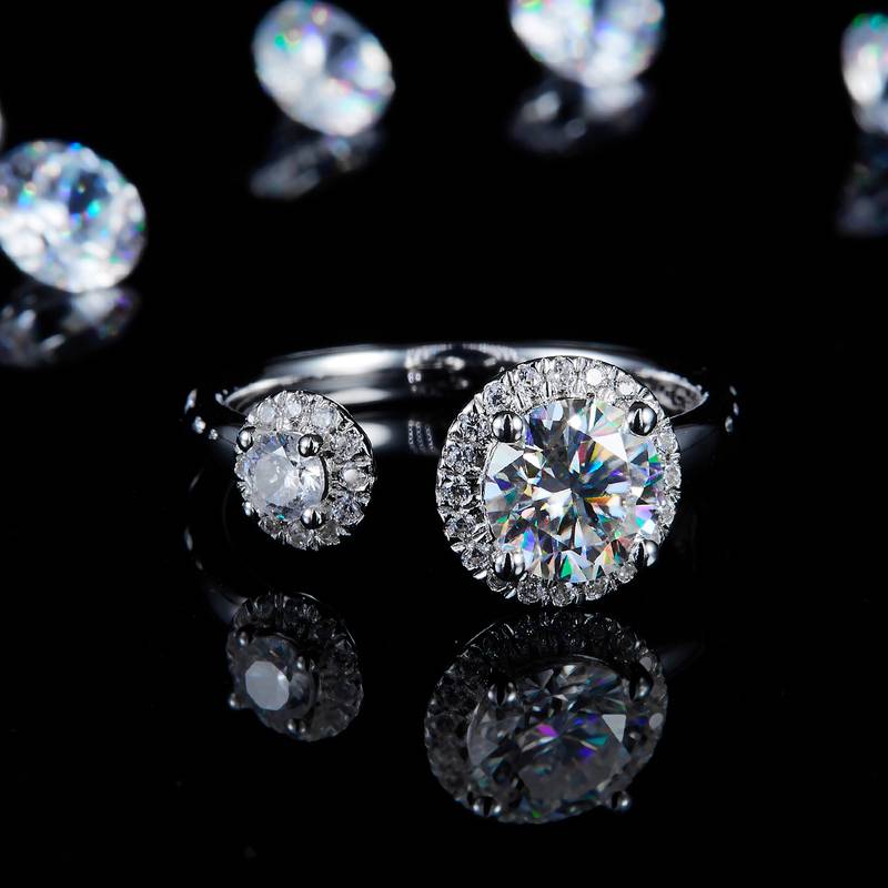 开口双圆包Women's RingS925银镀白金定制选款主石Moissanite1.0ct/副石高碳钻