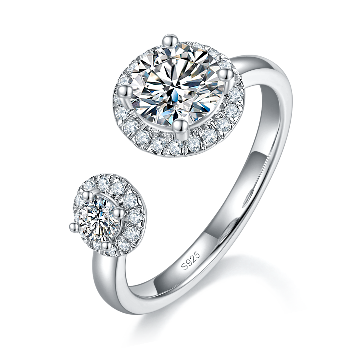 开口双圆包女戒S925银镀白金定制选款主石莫桑钻1.0ct/副石高碳钻