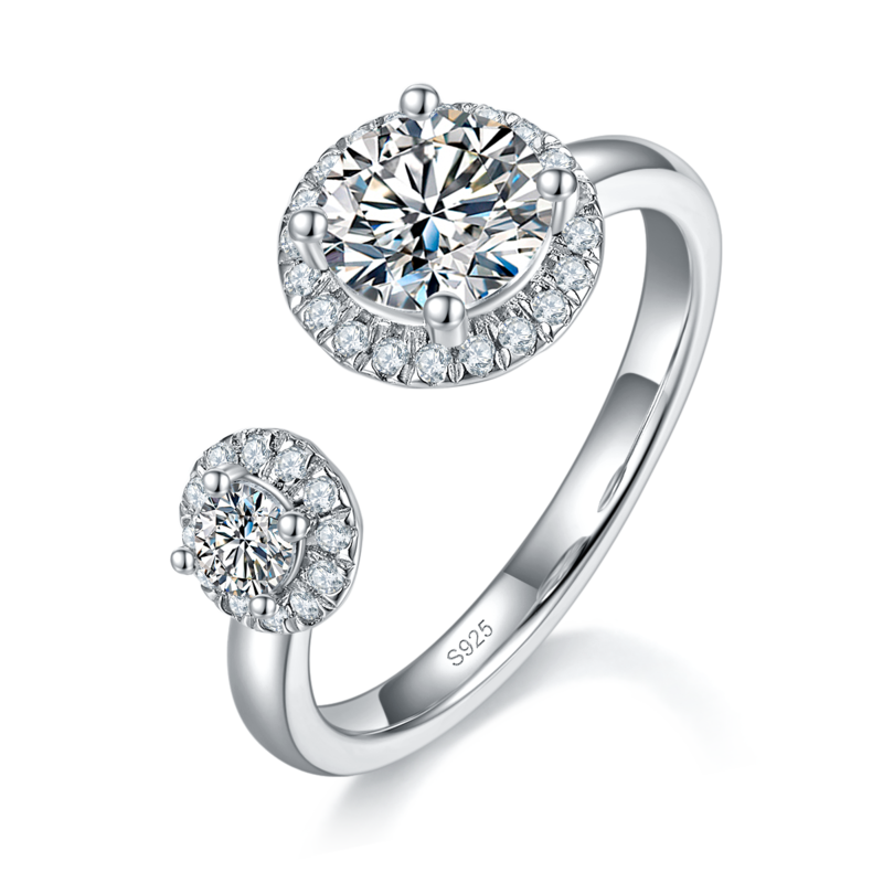 开口双圆包Women's RingS925银镀白金定制选款主石Moissanite1.0ct/副石高碳钻