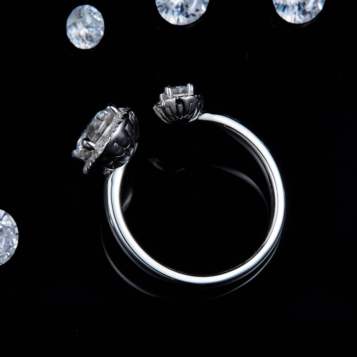 开口双圆包女戒S925银镀白金定制选款主石莫桑钻1.0ct/副石高碳钻