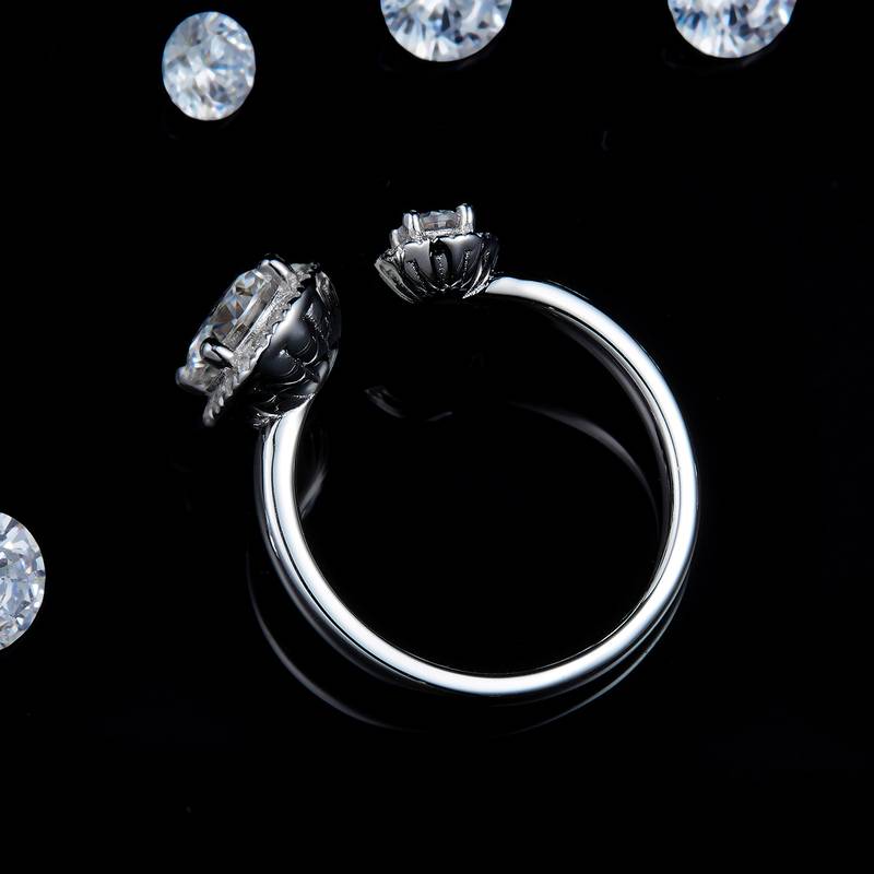开口双圆包Women's RingS925银镀白金定制选款主石Moissanite1.0ct/副石高碳钻