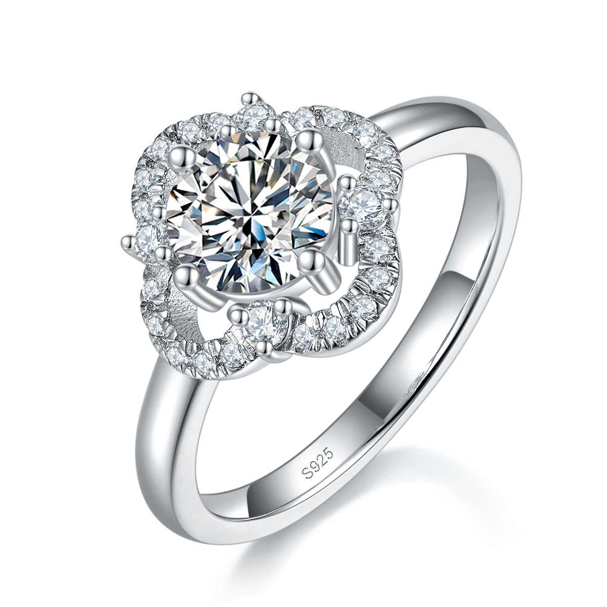 简约四叶花女戒S925银镀白金定制选款主石莫桑钻1.0ct/副石高碳钻