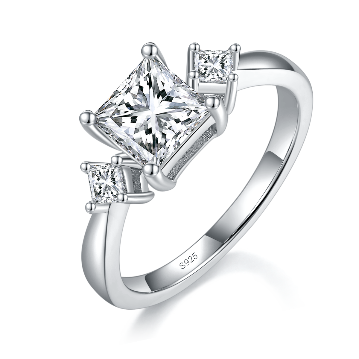 三石款公主方钻女戒S925银镀白金定制选款主副石莫桑钻1.2ct