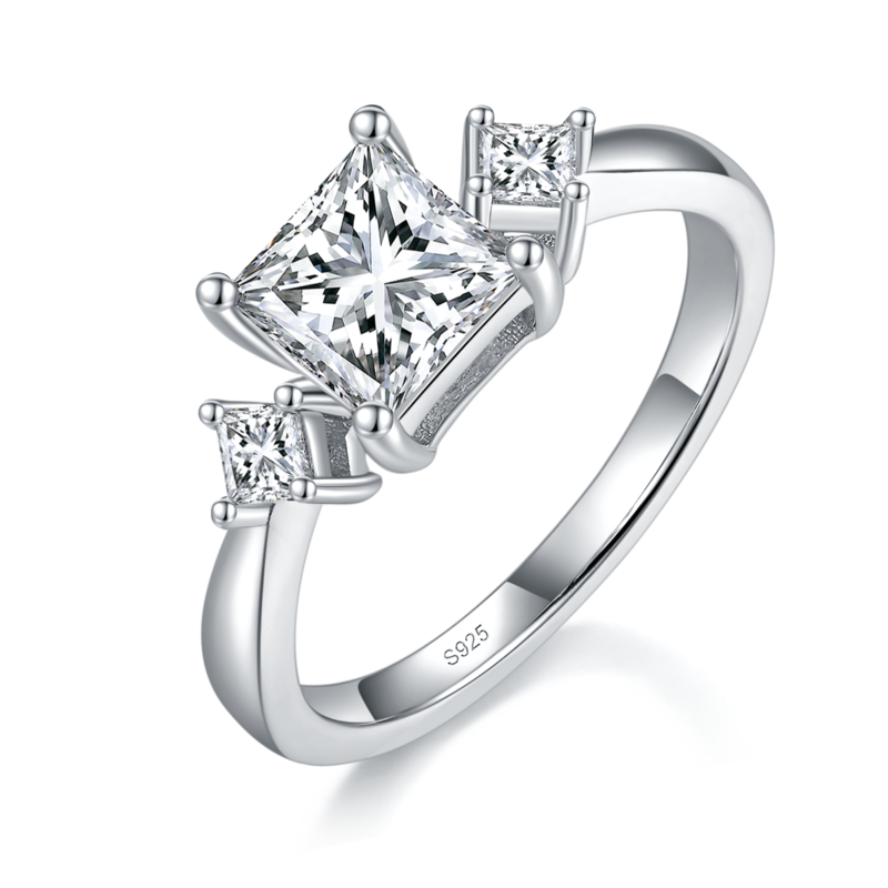 三石款公主方钻女戒S925银镀白金定制选款主副石莫桑钻1.2ct